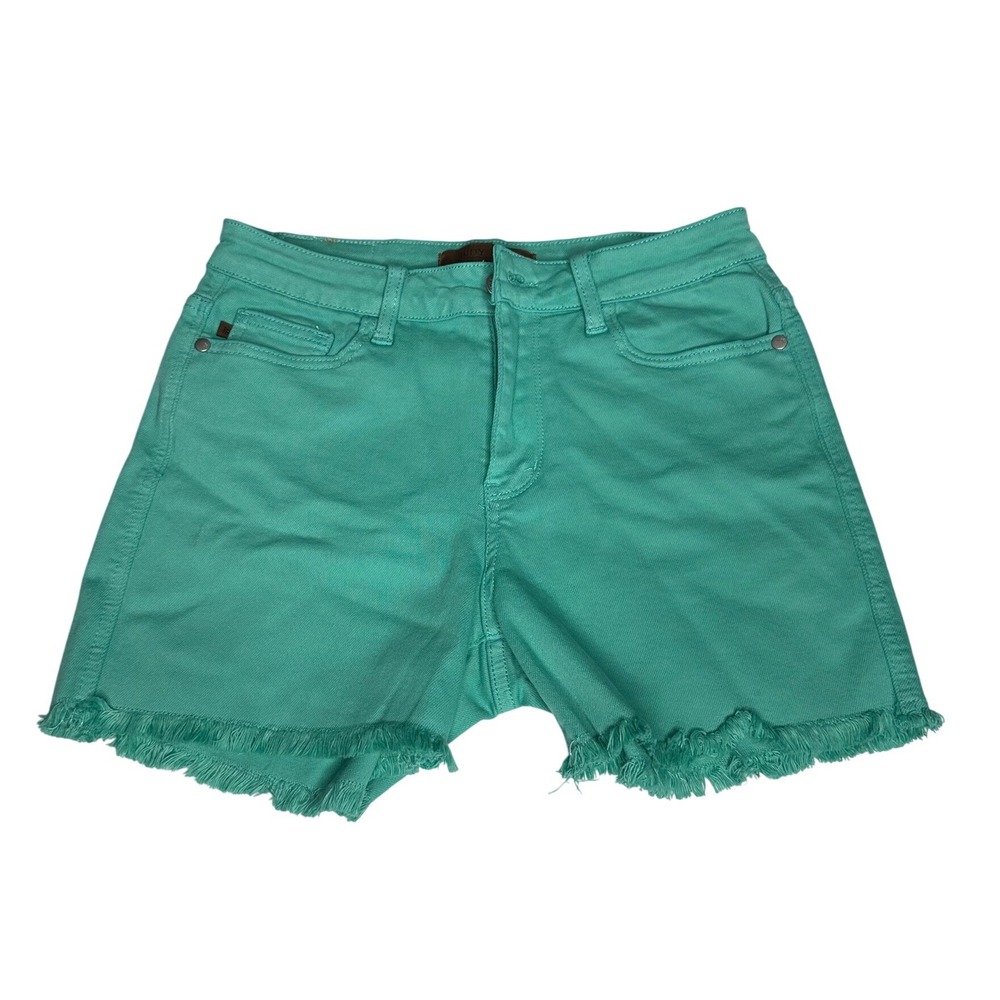 Judy Blue Women's Green Garment Dyed Raw Hem Denim Bermuda Shorts Size Medium